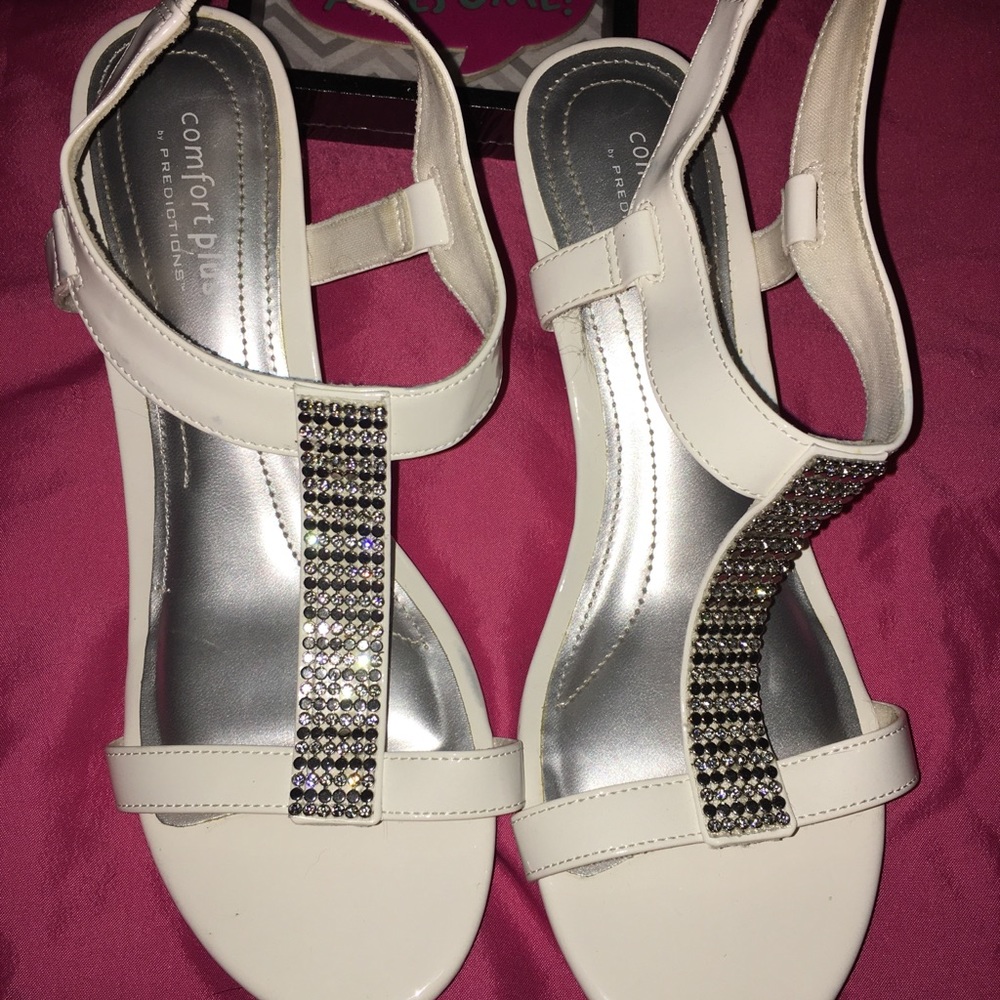 White bedazzled wedge heels